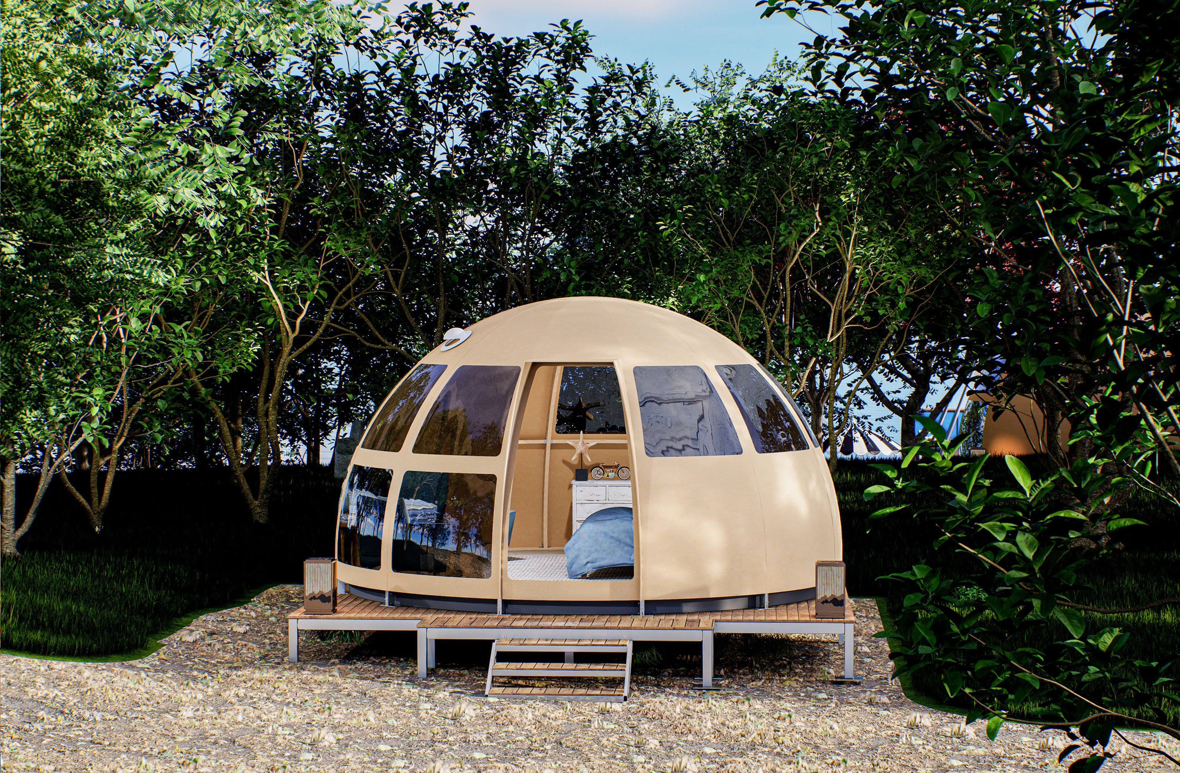 Alt text: "Luxury geodesic dome with porthole windows set in a lush forest, ideal for glamping or a stylish backyard office. This spacious dome home offers a sustainable and cost-effective solution for those seeking a unique outdoor living experience. Perfect for use as a camping pod, art studio, or guest quarters."