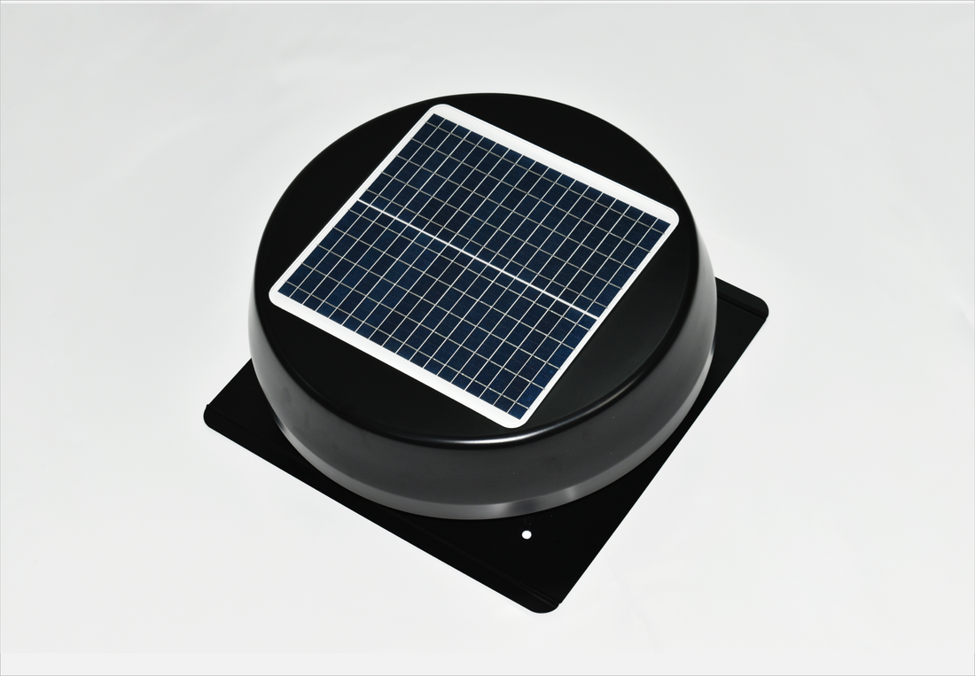 Alt text: "Solar-powered ventilation system for geodesic dome homes, featuring a sleek black design with a solar panel on top. Ideal for sustainable glamping solutions and enhancing energy efficiency in dome houses and outdoor domes."