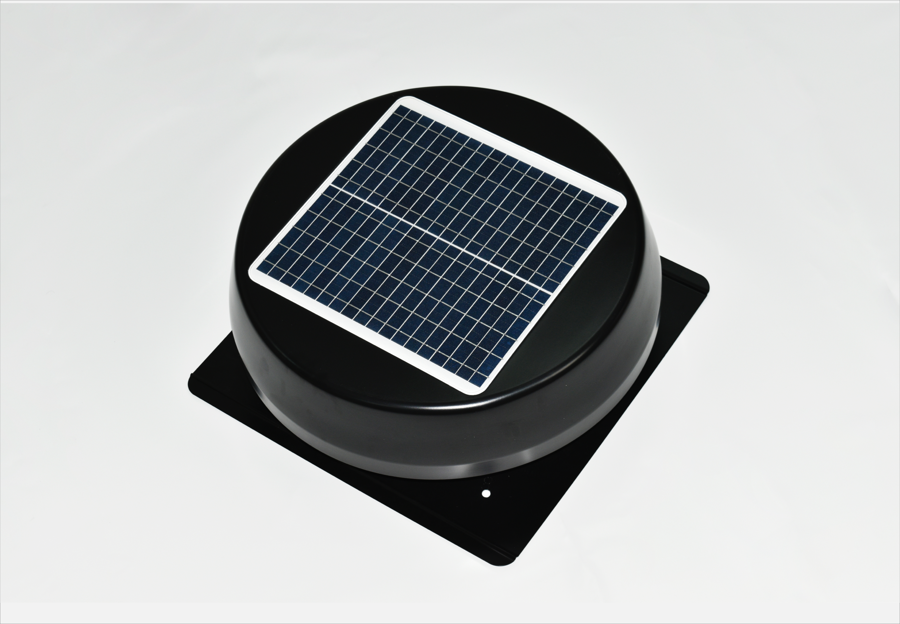 Alt text: "Solar-powered ventilation system for geodesic dome homes, featuring a sleek black design with a solar panel on top. Ideal for sustainable glamping solutions and enhancing energy efficiency in dome houses and outdoor domes."