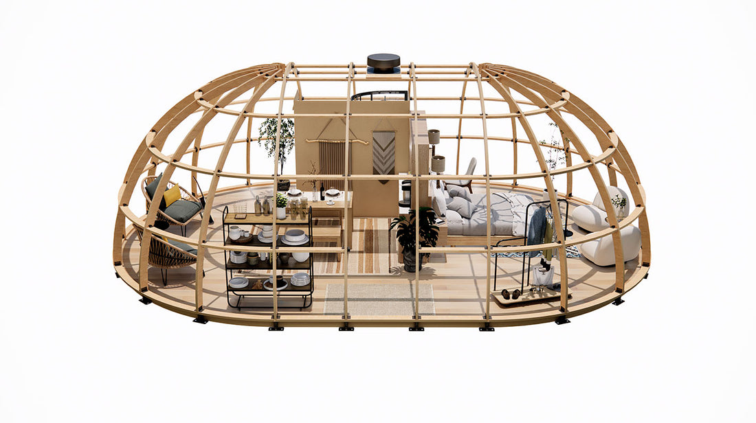 Alt text: "Interior view of a stylish geodesic dome home featuring modern furnishings, showcasing a spacious and sustainable living space. Ideal for glamping, backyard offices, or art studios, this dome includes porthole windows and a cozy seating area, highlighting the company's premium glamping solutions."